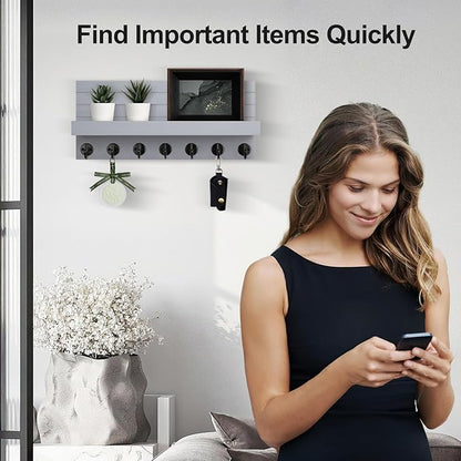Key Holder Wall Mount, Entryway Key and Mail Holder with 7 Sturdy Hooks for Sunglasses, Dog Leash, Decorative Wall Shelf with Mounting Hardware, 15”W x 6.7”H x 4.2”D (Gray)
