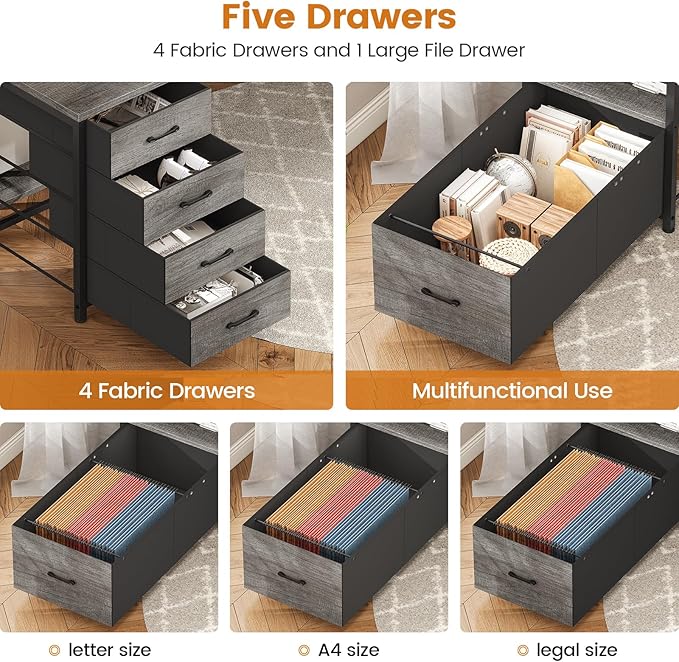 SEDETA 75'' Computer Desk with 5 Drawer, Power Outlet & Led Lights, Home Office Desk with File Drawer, Storage Shelves, Printer Cabinet and Monitor Shelf, 23.6" W Large Desktop Gaming Desk, Grey