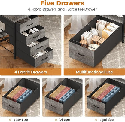 SEDETA 75'' Computer Desk with 5 Drawer, Power Outlet & Led Lights, Home Office Desk with File Drawer, Storage Shelves, Printer Cabinet and Monitor Shelf, 23.6" W Large Desktop Gaming Desk, Grey