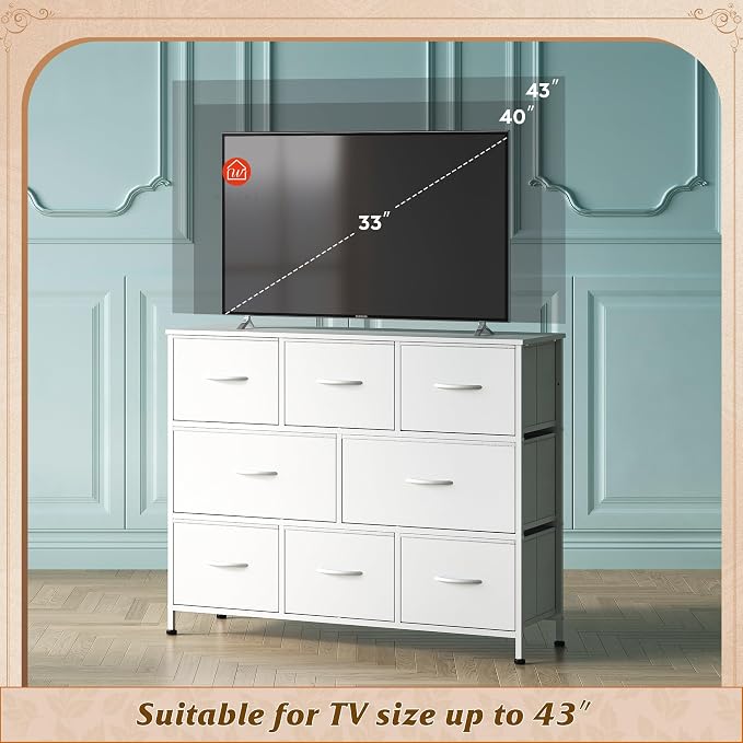 WLIVE 8 Drawer Dresser for Bedroom, Fabric White Dresser with Large Storage Drawer Unit for Entryway, Chest of Drawers for Living Room