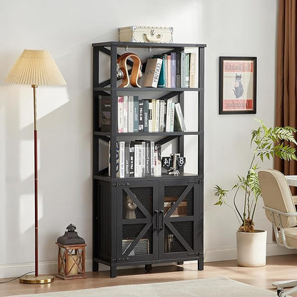 5 Tier Bookshelf 70" Tall Bookcase with Barn Doors,Large Farmhouse Display Book Shelf with Adjustable Shelves and Storage Cabinet，Library Wood Bookshelves for Living Room,Kitchen,Antique Black
