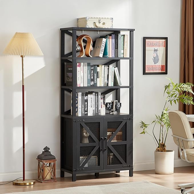 5 Tier Bookshelf 70" Tall Bookcase with Barn Doors,Large Farmhouse Display Book Shelf with Adjustable Shelves and Storage Cabinet， Wood Bookshelves for Living Room,Kitchen,Antique Black(2PCS)