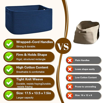3 Pack Large Storage Basket for Organizing, 17.5"x13.5"x7.5" Woven Basket for Shelves, Closet Cube Storage Bins with Wrapped Handle, Cotton Rope Baskets for Kitchen, Clothes, Toys(Navy Blue)