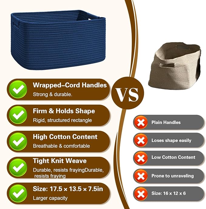 2 Pack Large Storage Basket for Organizing, 17.5"x13.5"x7.5" Woven Basket for Shelves, Closet Cube Storage Bins with Wrapped Handle, Cotton Rope Baskets for Kitchen, Clothes, Toys(Navy Blue)