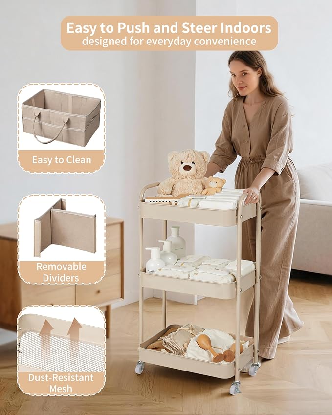 Fortella Baby Diaper Caddy, 3 Tier Rolling Storage Cart for Baby Essentials, Diaper Cart with Detachable Dividers, Storage & Baby Bottle Organizer, Nursery Dresser for Bedroom, Living Room (Taupe)