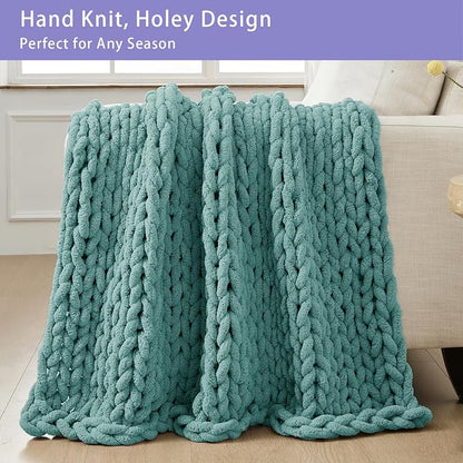Bigacogo Chunky Knit Throw Blanket for Couch, 40x60 inches, 100% Hand Knitted with Thick Jumbo Chenille Yarn, Cozy Soft Large Rope Knot Cable Crochet Blankets for Sofa Bed Living Room, Light Teal