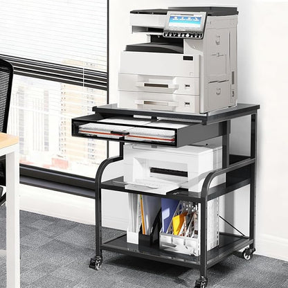 TFK 3-Tier Printer Stand with Drawer, Adjustable Shelf, Rolling Casters, 23.6 x 18.9 x 30 Inch Heavy Duty Printer Cart for Home Office, Large Printers, 3D Printers, Fax & Heat Press, Black