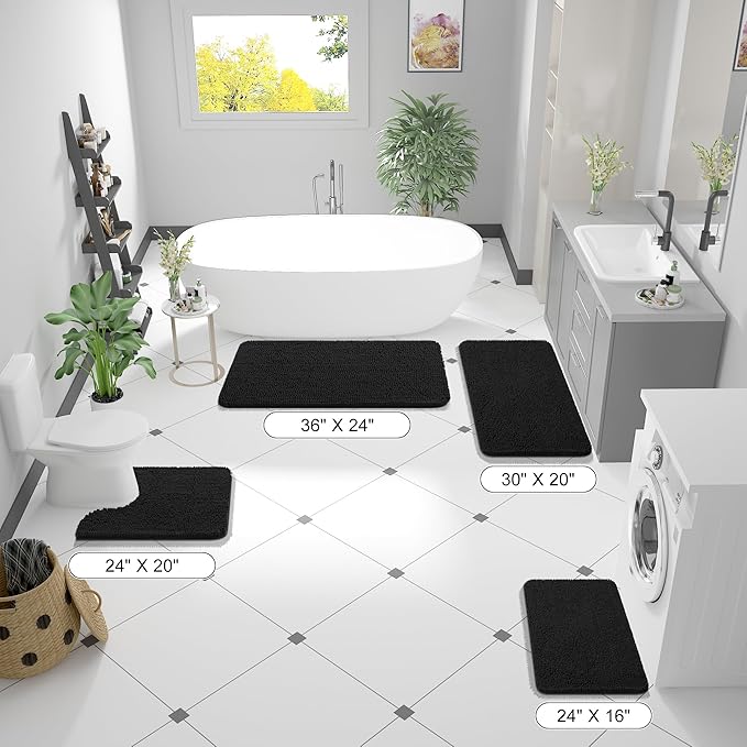 OLANLY Large Bathroom Rugs 45x27, Extra Soft Absorbent Chenille Bath Rugs, Rubber Backing Quick Dry, Machine Washable Bath Mats for Bathroom Floor, Tub and Shower, Home Decor Accessories, Black