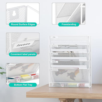 EasyPAG 5 Tier Wall File Holder, Mesh Hanging Folder Organizer with Classify Label, Versatile Desk File Holder, Vertical Wall Mounted Mail Organizer for Office Home Cubicle, White