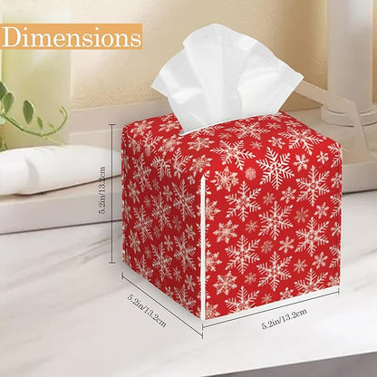 Tissue Box Cover Holder, Christmas Red Plaid Square with Bottom Belt by PU Leather Decorative Organizer for Tabletop, Bathroom, Car, Office