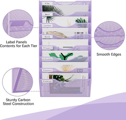 EasyPAG 8 Pocket Mesh Wall File Organizer, Hanging Paper Folder Holder with Classify Label, Vertical Wall Mount Mail Organizer for Office Home Classroom, Purple
