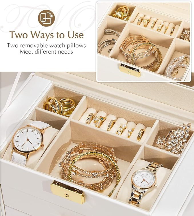Homde Jewelry Box Large for Women: 6 Layers 5 Drawers Organizer with Mirror for Ring Earring Necklace - Storage Holder with Lock for Dresser (White) - Christmas Gifts