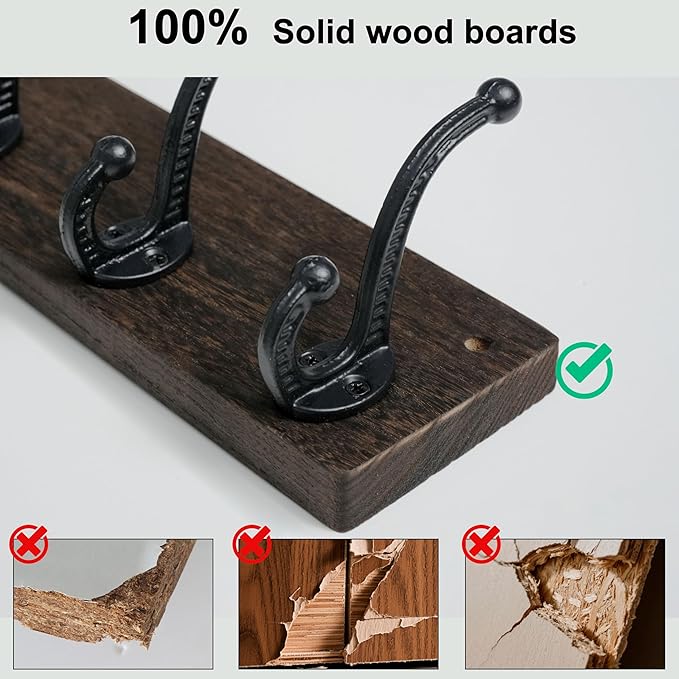 WEBI Rustic Coat Rack Wall Mount,5 Cast Iron Coat Hooks Wall Mounted,Heavy Duty Wood Wall Coat Hanger Hooks for Hanging Coats,Jacket,Clothes,Backpack,Farmhouse,Weathered Brown,2 Packs
