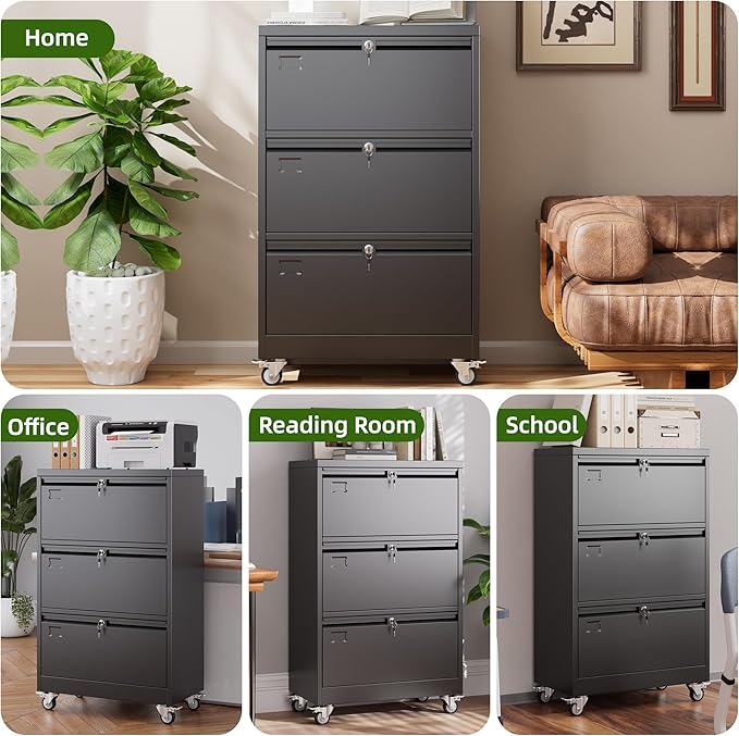 Aobabo 3 Drawer Lateral File Cabinet with Wheels, Lockable Metal Filing Cabinet for Home Office, Legal/Letter Size,Black,Required Assembled,15.87" D x 28.94" W x47.63 H