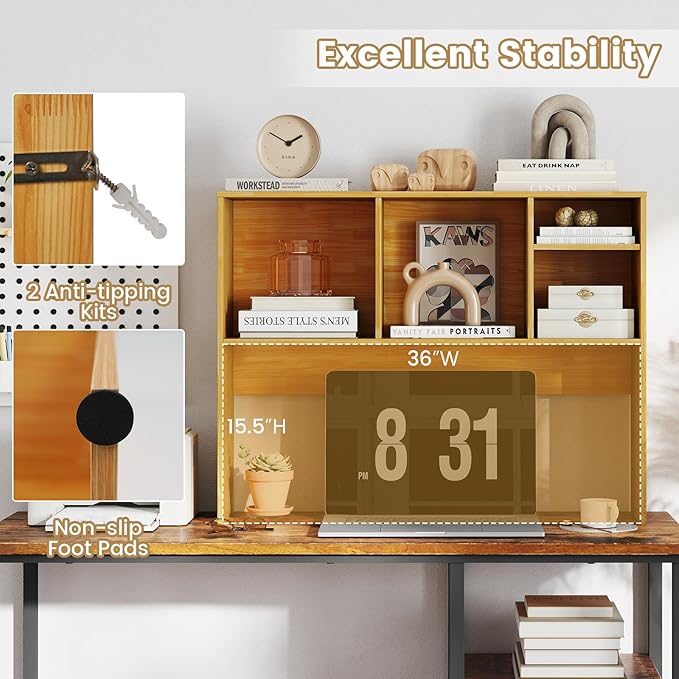LDAILY Desktop Bookshelf, 2-Tier Office Desk Shelf Organizer with 4 Shelves, 37’’L Wood Storage Rack Display Shelf for Computer Desk, Office, Dorm, Bedroom (Burlywood)