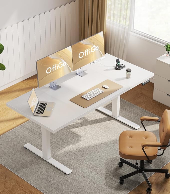 OffiGo 71 Inch Executive Electric Standing Desk, Height Adjustable Desk with Power Outlet & 1.38" Thick 3-Piece Desktop, Sit Stand Computer Desk for Home, Office, Conference Room, White