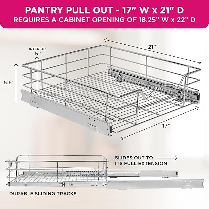 HOLDN’ STORAGE Pull Out Cabinet Organizer, Slide Out Drawer for Kitchen Cabinets & Pantry, Roll Out Shelf for Pots, Pans & Under Sink Storage, Heavy-Duty Full-Extension, 17"W x 21"D x 5"H