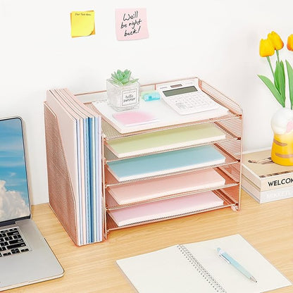 OPNICE Desk Organizer, 5-Tier Paper Organizer Letter Tray with Magazine Holder, Office Desk Accessories & Workspace Organizers, Desktop File Organizer for Office Supplies Storage, Rose Gold
