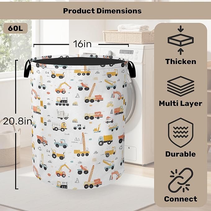 Cartoon Construction Vehicle Foldable Canvas Laundry Basket with Handles - Toy Organizer, Heavy Duty for Home，Bedroom, Dorm, Bathroom