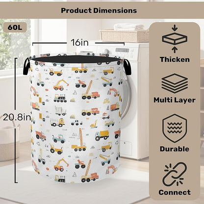 Cartoon Construction Vehicle Foldable Canvas Laundry Basket with Handles - Toy Organizer, Heavy Duty for Home，Bedroom, Dorm, Bathroom
