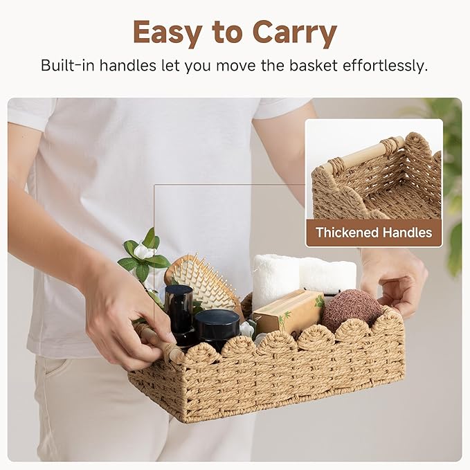 StorageWorks Toilet Paper Storage Basket, Living Room Organizers and Storage, Toilet Paper Basket with Wooden Handles, Small Paper Rope Scalloped Basket, Brown