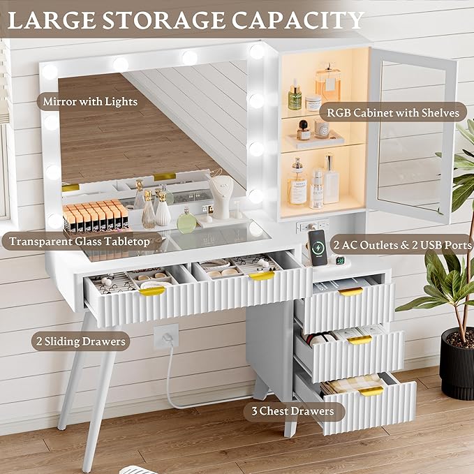 Fluted Vanity Desk with Mirror and Lights, 45" Glass Top Makeup Table Set with 5 Drawers, Power Outlet & Storage Cabinet, Large Dressing Table with RGB Ambient Light for Bedroom Women Girls, White