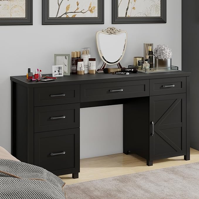 Farmhouse 61'' Executive Desk with 5 Drawers, Rustic Office Desk Computer Desk with Charging Station, File Drawers and Storage Cabinet, Wood Workstation for Study and Home Office,(Pure Black.)