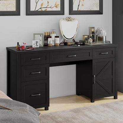 Farmhouse 61'' Executive Desk with 5 Drawers, Rustic Office Desk Computer Desk with Charging Station, File Drawers and Storage Cabinet, Wood Workstation for Study and Home Office,(Pure Black.)