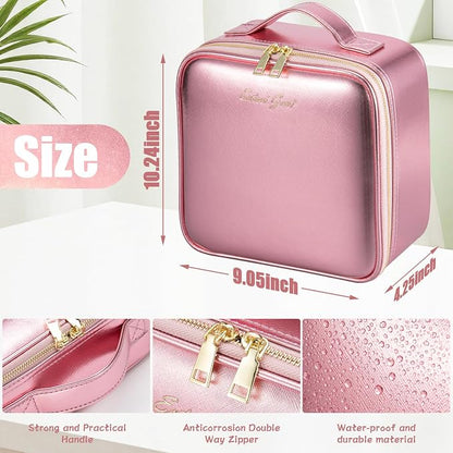 Extrei Gent Makeup Travel Train Case with Mirror LED Light 3 Adjustable Brightness Large Cosmetic Bag Portable Storage Adjustable Partition Waterproof Makeup Brushes Make up Jewelry Gift for Women