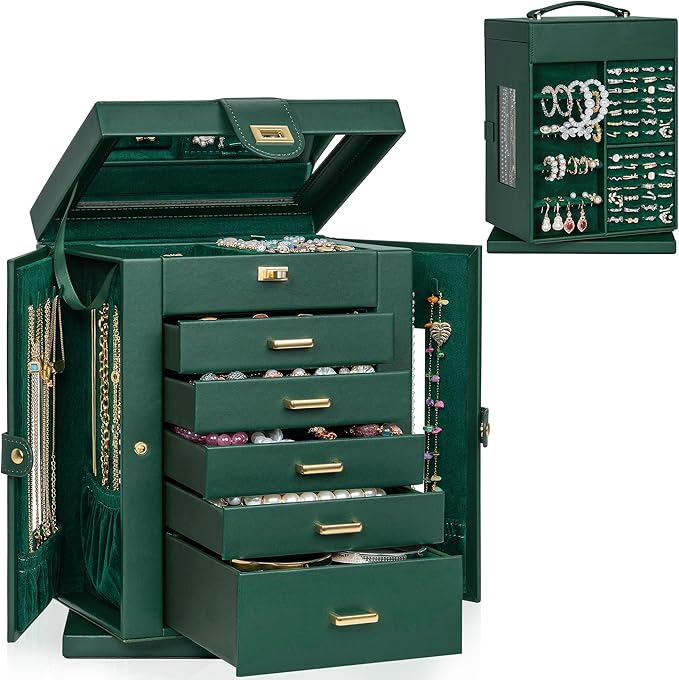 AKOZLIN 360° Rotating Jewelry Box 6-Tier Organizer Functional Jewelry Storage Case for Women Girls Ring Necklace Earring Bracelet Holder with Mirror