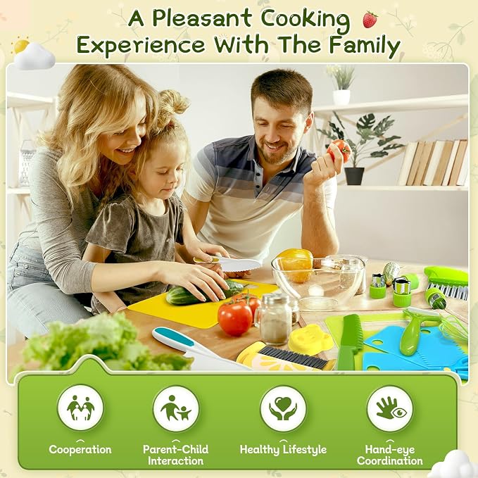 Chanking 21 Pieces Kids Safe Knife Set for Real Cooking Child-Friendly Plastic Chef Tools Montessori Kitchen Toys for Toddlers Birthday Gifts for Boys and Girls Ages 4+ (A)
