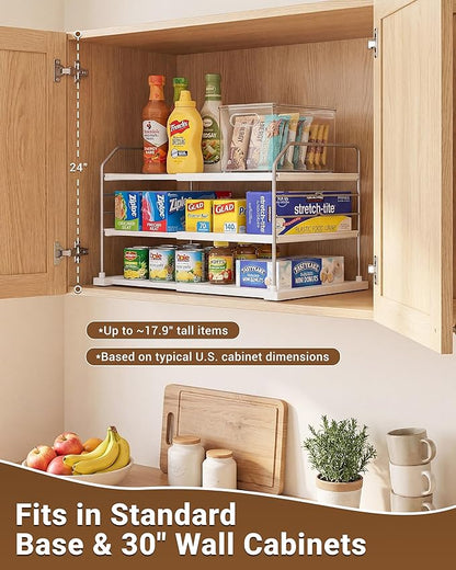 EVERIE Extendable 3-Tier Kitchen Cabinet & Pantry Organizer for Plastic Wrap, Foil & Storage Bags, Adjustable Heavy Duty Shelf Rack for Wrap Boxes, Jars & Snack Boxes (11–16.7 in Wide), Pack of 1