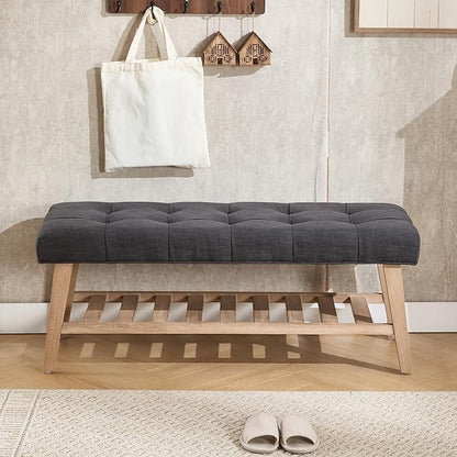 Entryway Shoe Bench Storage Benches with Upholstered Button Tufted Seat and Open Slatted Shelf Linen Ottoman Bench for Hallway Living Room Bedroom End of Bed, Charcoal