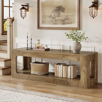 Tribesigns 63-Inch Farmhouse Entryway Table with Storage Shelf, 2-Tier Sofa Console Table with Circle Design for Living Room, Hallway, Foyer, Brown