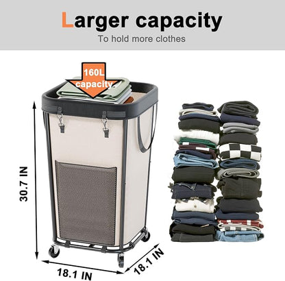 Laundry Basket with Wheels Rolling Laundry Basket, Removable Laundry Bag Design for Daily Use in Bathrooms and Laundry Rooms (White, 160L)