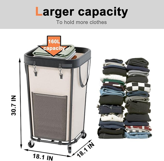 Laundry Basket with Wheels Rolling Laundry Basket, Removable Laundry Bag Design for Daily Use in Bathrooms and Laundry Rooms (White, 160L)
