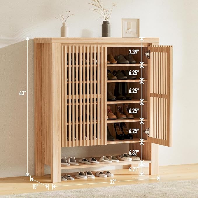43" Tall Shoe Storage Cabinet with Doors, 8-Tier Entryway Shoe Cabinet with Adjustable Shelves, Contemporary Freestanding Shoe Rack Organization for Entryway Hallway Front Door