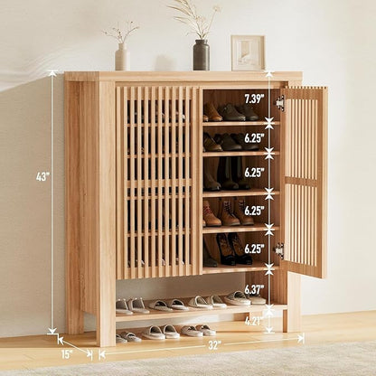 43" Tall Shoe Storage Cabinet with Doors, 8-Tier Entryway Shoe Cabinet with Adjustable Shelves, Contemporary Freestanding Shoe Rack Organization for Entryway Hallway Front Door