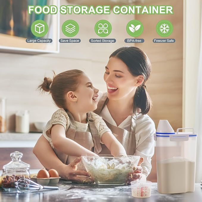 6 Pcs Set Rice Storage Container, Flour Dispenser with Pouring Spout & Measuring Cup, Kitchen Plastic Dry Food Storage Bin for Grain Oatmeal Snacks Pet Dog Food