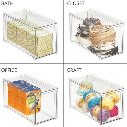 mDesign Plastic Stackable Bathroom Storage Organizer Bin Containers with Front Pull Drawer for Bathroom Countertop, Vanity, Closet Shelves - Holder for Accessories - Lumiere Collection, 2 Pack, Clear