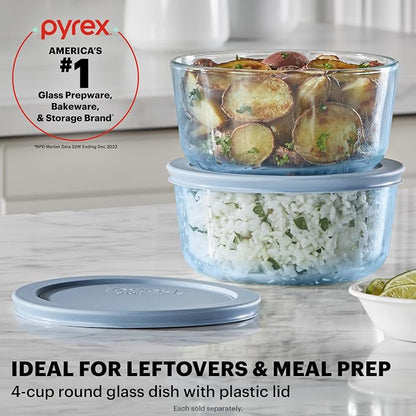 Pyrex Colors Tinted (4 Cup) Medium Round Food Storage Container, Snug Fit Non-Toxic Plastic BPA-Free Lids, Freezer Dishwasher Microwave Safe