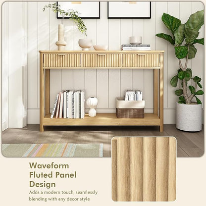 Fluted Console Table with Drawers, Modern 47.1" Entryway Table with Storage Shelf, Boho Narrow Skinny Behind Couch Wood Sofa Table for Living Room Hallway Entrance Foyer, Natural
