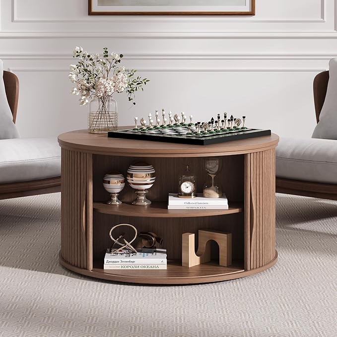 SULIVES Round Coffee Table with Lifting Top, Multifunctional Drum Coffee Table with Sliding Door, Small Fluted Center Table for Living Room, Walnut