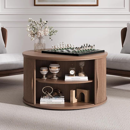 SULIVES Round Coffee Table with Lifting Top, Multifunctional Drum Coffee Table with Sliding Door, Small Fluted Center Table for Living Room, Walnut