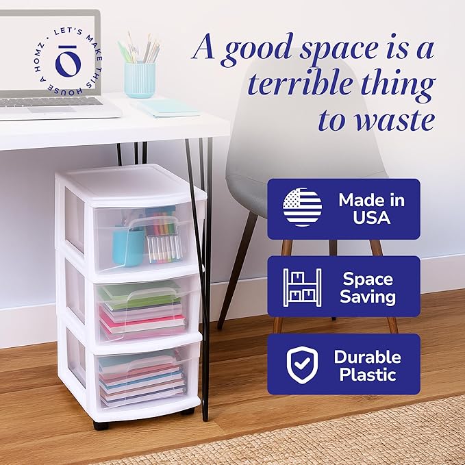 HOMZ 3-Drawer Storage Cart, Plastic Home, Dorm, & Office Organizer, White Frame