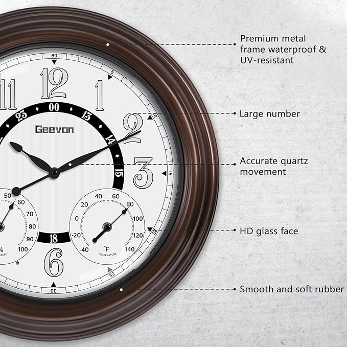 Geevon Illuminated Indoor Outdoor Clocks Waterproof 18 inch with Smart Sensor,Large Wall Clock with Thermometer & Hygrometer for Kitchen, Living Room, Bedroom,Decorations, Rubbed Bronze