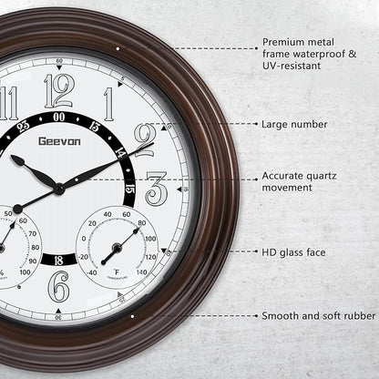 Geevon Illuminated Indoor Outdoor Clocks Waterproof 18 inch with Smart Sensor,Large Wall Clock with Thermometer & Hygrometer for Kitchen, Living Room, Bedroom,Decorations, Rubbed Bronze