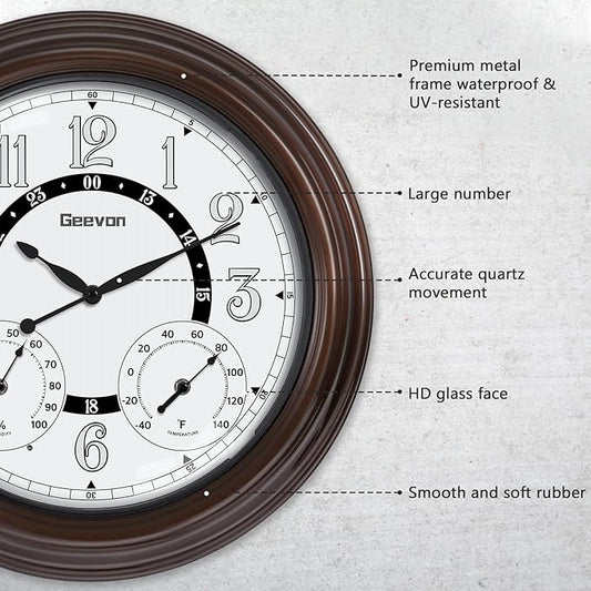 Geevon Illuminated Indoor Outdoor Clocks Waterproof 18 inch with Smart Sensor,Large Wall Clock with Thermometer & Hygrometer for Kitchen, Living Room, Bedroom,Decorations, Rubbed Bronze