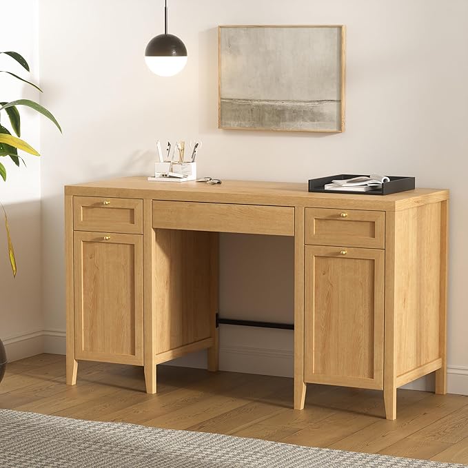 52" Executive Desk with Storage Drawer, Farmhouse Home Office Desk with Storage Cabinet Wood Computer Writing Desk for Study Office, Natural Oak