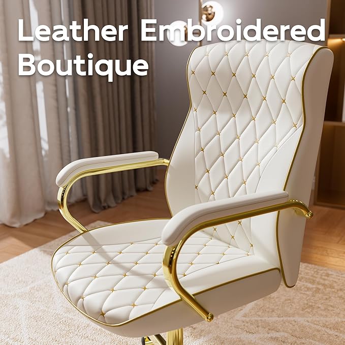 White and Gold Office Chair with Soft Leather Embroidery, Mid Back Vintage Swivel Executive Desk Chair with Wheels and Padded Arms, Adjustable Height